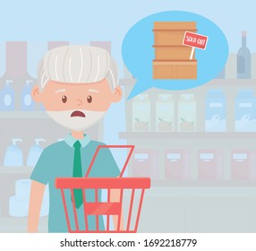old man with empty shopping basket sold out shelf, excess purchase vector illustration