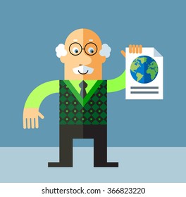 Old Man engaged in a global search. Flat style vector illustration on gray background.