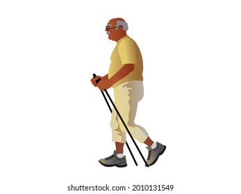 El anciano está comprometido con la marcha nórdica. Isolated Vector ilustración para publicidad de maquillaje o diseño plano.