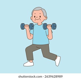 An old man is exercising with a dumbbell. minimal line illustration.