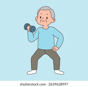 An old man is exercising with a dumbbell. minimal line illustration.