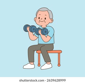 An old man is exercising with a dumbbell. minimal line illustration.