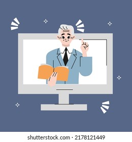 Old man explaining or talking from screen of laptop vector flat illustration. Male teaching at distance learning webinar isolated on white. Internet education, online study, courses or tutorial