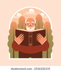 Old man in eyeglasses with open book in hands. Vector illustration of grandfather character with forest on background. International Book Day. Happy old age. Flat Design. Badge in window frame.