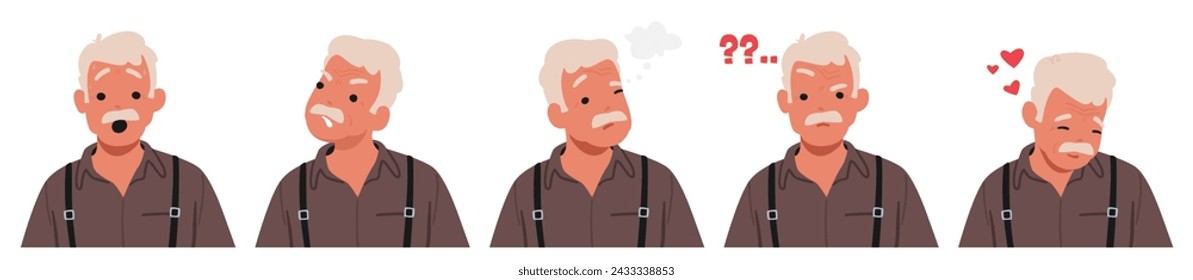 Old Man Face Displays Range of Emotions. Wrinkled Senior Male Character Feels Shock or Surprise, Anger, Thinking, Question or Confusion, Fall in Love. Cartoon People Vector Illustration
