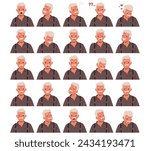 Old Man Face Emotions Set. Wrinkled Senior Male Character Feels Joy, Nostalgic Sadness, Fatigue And Confusion. Senior Person Fall in Love, Thinking, Shocked, Angry. Cartoon People Vector Illustration