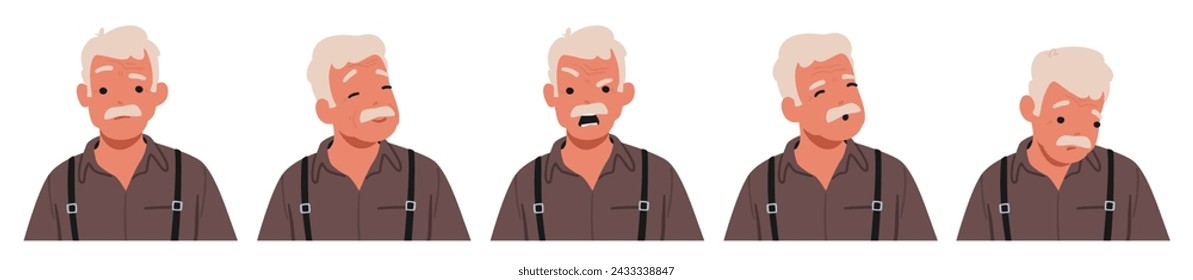 Old Man Face Emotions Set. Senior Grey Haired Male Character Feel Joy with Happy Eyes, Sorrow, Wisdom, Smile, Anger and Dissatisfaction. Pensioner Yell and Feel Upset. Cartoon Vector Illustration