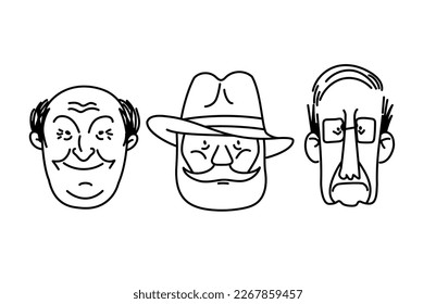 Old man face, senior, mature, different age generation. Adult people, diverse characters set. Elderly person. Collection of facial expressions. Vector cartoon hand drawn sketch line Illustration