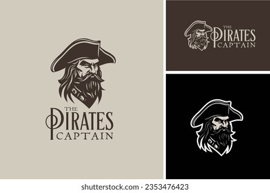 Old Man Face Silhouette mit Bart und Mustache mit Pirate Tricorn Head für Vintage Sea Captain oder Classic Commodore Shipmaster Illustration Logo Design