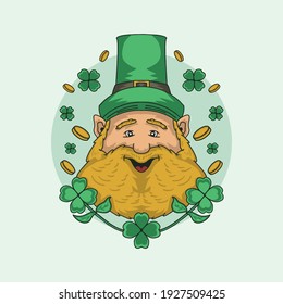 Old Man face with St. Patrick costume, clover, and coin vector 