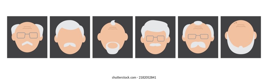 Old man face vector icon, cartoon avatar, grandfather character, diverse senior men. Profile old people. Glasses, bald head, mustache, beard and stubble. Human illustration