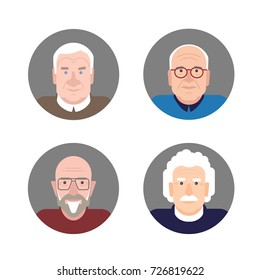 Old man faces. Four scientists flat vector characters. Cartoon old man avatar set. 