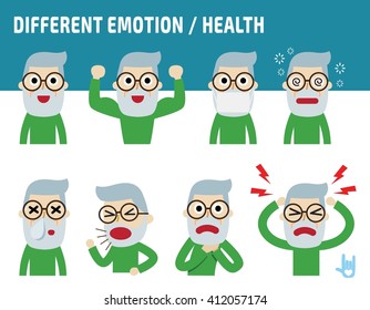 old man faces showing different emotions. flat cute cartoon design.
Illustration isolated on white background.