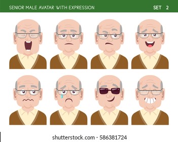 Old man facial emotion set. Senior female cartoon style character with different expressions. Part 2 of 6.