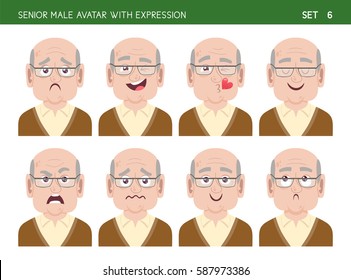 Old man facial emotion set. Senior female cartoon style character with different expressions. Part 6 of 6.