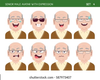 Old man facial emotion set. Senior female cartoon style character with different expressions. Part 4 of 6.