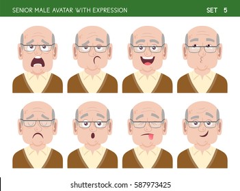 Old man facial emotion set. Senior female cartoon style character with different expressions. Part 5 of 6.