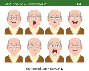 Old Man Facial Emotion Set. Senior Female Cartoon Style Character With Different Expressions. Part 1 Of 6.