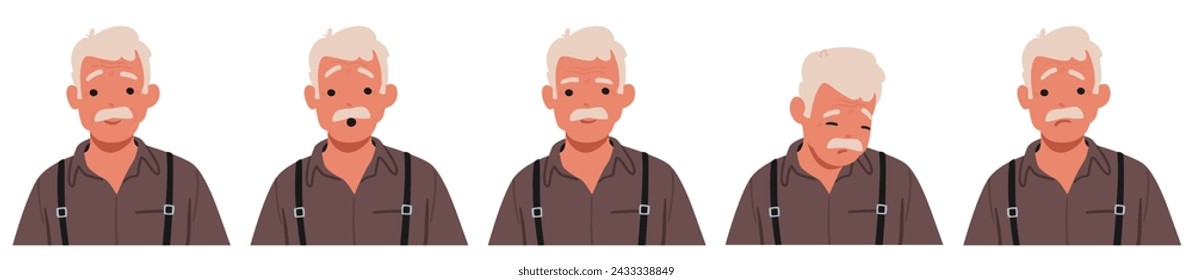 Viejo Hombre Emociones Faciales Set. Personaje masculino mayor de pelo gris se siente sorpresa, tristeza, sabiduría, culpable o infeliz, pena y resistencia grabado en su cara arrugada. Ilustración vectorial de personas de dibujos animados