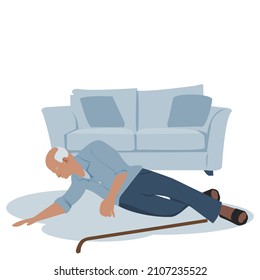 Old man falling accident in living room. Elderly man dropping from sofa (settee,also couch) on white background. Vector isolate flat cartoon characters design concept for Healthcare and social support