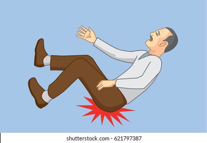 Old man with falling accidents and hip hit to the ground. Illustration about health of senior .