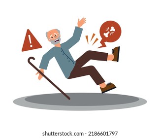 old man falling down and get bone fracture cartoon character.