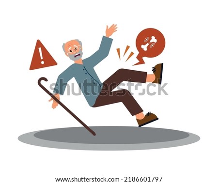 old man falling down and get bone fracture cartoon character.