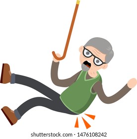 Old Man falls to ground. Sore spot and back pain. Grandfather's failure and injury. Cartoon flat illustration. Senior with a wand slipped. Health problem