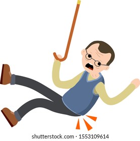 Old Man falls to ground. Sore spot and back pain. Grandfather's failure and injury. Cartoon flat illustration. Senior with wand slipped. Health problem