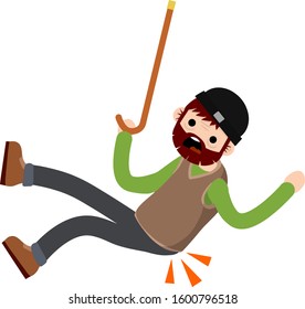 Old Man falls to ground. Sore spot and back pain. Senior with wand slipped. Health problem. Grandfather's failure and injury. Cartoon flat illustration