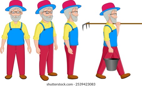 Old Man Farmer Character Vector, front,side, front three four, farmer character 