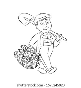 Old man farmer in coverall hold shovel and a basket with harvested crop.Linear silhouette isolated on white background.