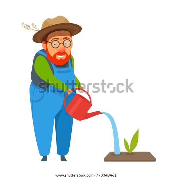 Old Man Farmer Coverall Hold Watering Stock Vector (Royalty Free) 778340461