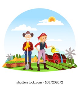 Old man farmer with spade near fence and woman in bandana watering beds or ridge. Rural farm with barns and fields, garden with windmills. Agriculture and harvest, cartoon person theme