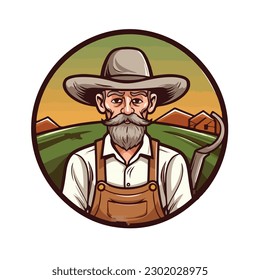 Old man farmer wearing hat vintage retro logo badge vector illustration