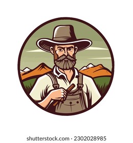 Granjero viejo con placa de logotipo retro vintage de sombrero vectorial