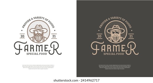 Old man farmer wearing hat vintage retro logo badge vector illustration