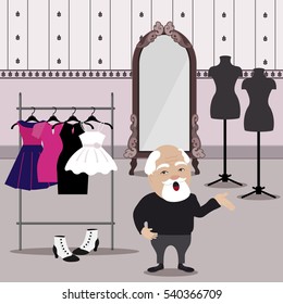 Old man fashion designer in the studio. Vector illustration