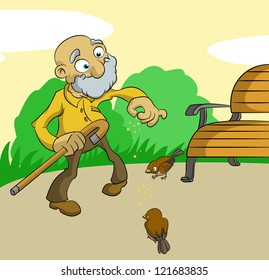Old man feed birds