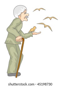 Old man feeding the birds