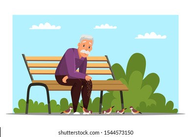 Old man feeding birds flat vector illustration. Aged person, retiree sitting on bench in park cartoon character. Grandfather resting in park, fresh air recreation. Leisure activity, retirement concept