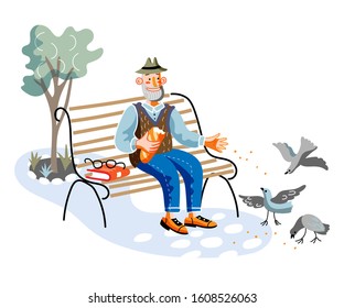 Old man feeding birds flat vector illustration. Aged person, retiree sitting on bench in park cartoon character. Grandfather resting in park, fresh air recreation. Leisure activity, retirement concept