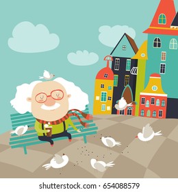 Old man feeding pigeons