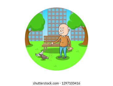 Old man feeding pigeons in the city park. Vector. EPS 10.