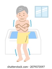 Der alte Mann fühlt sich kalt im Badezimmer. extreme Temperaturunterschiede sind schädlich für den menschlichen Körper. Konzept zur Vorbeugung von Gesundheitskrankheiten