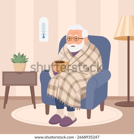 Old man feeling cold at home with home heating trouble.Low house temperature and thermometer on wall. Person freezes from cold warming up with hot drink. Vector