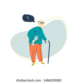 Old man feeling lost and confused because of dementia or Alzheimer's. Vector hand drawn illustration with elderly person for web, mobile, apps, sites. Memory loss symptom. 
