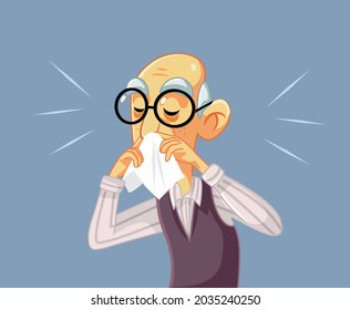 Old Man Feeling Sick Blowing Nose Vector Illustration. Grandfather feeling sick having a cold and a runny nose
