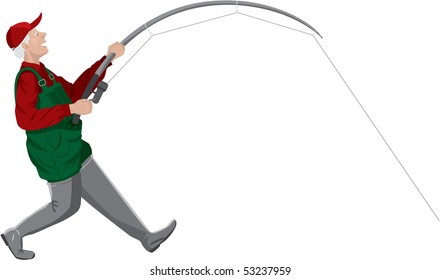 The old man fishing in the evening. It' s bite something big. Isolated on white.