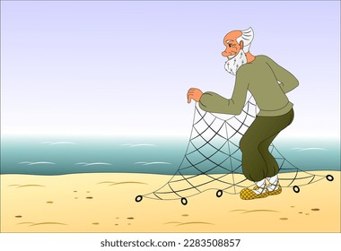 An old man with a fishing net on the shore of the blue sea. A character from the fairy tale about the golden fish.